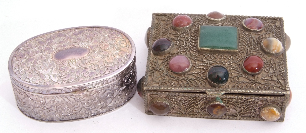 Two metal jewel boxes, an oval table box, a stone and filigree box inside a gilt hinged bracelet and - Image 2 of 2