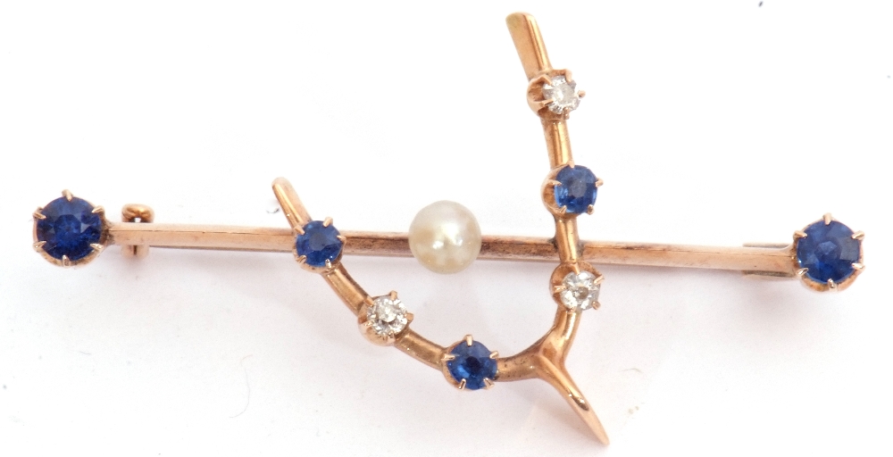 Early 20th century sapphire, diamond and pearl brooch, the knife edge bar centring a small