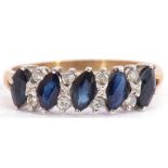 9ct gold sapphire and diamond ring, having 5 off-set lozenge shaped sapphires highlighted between