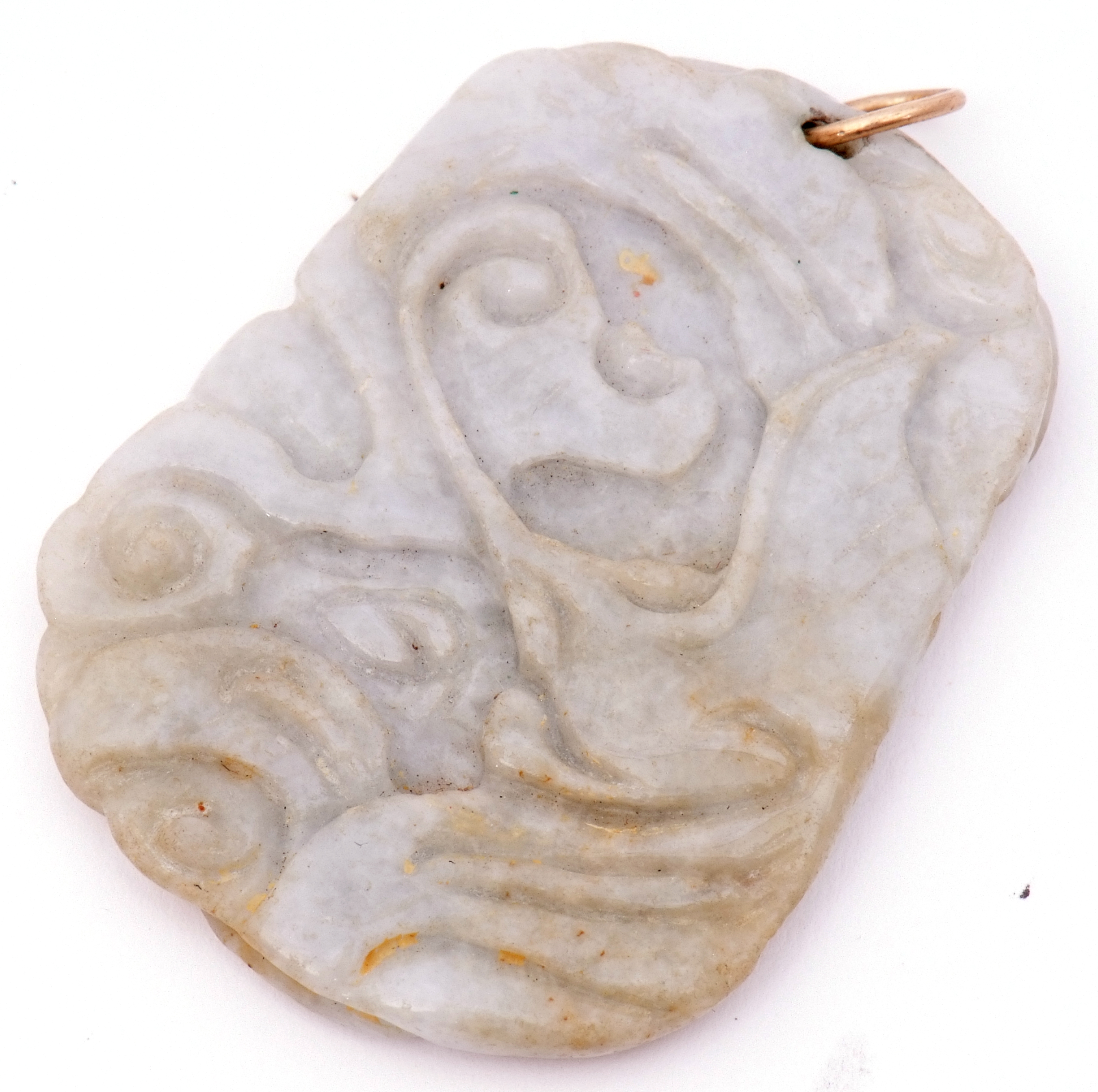 Antique carved jade pendant of shaped rectangular flat form, deep carved with a naturalistic detail, - Image 3 of 3