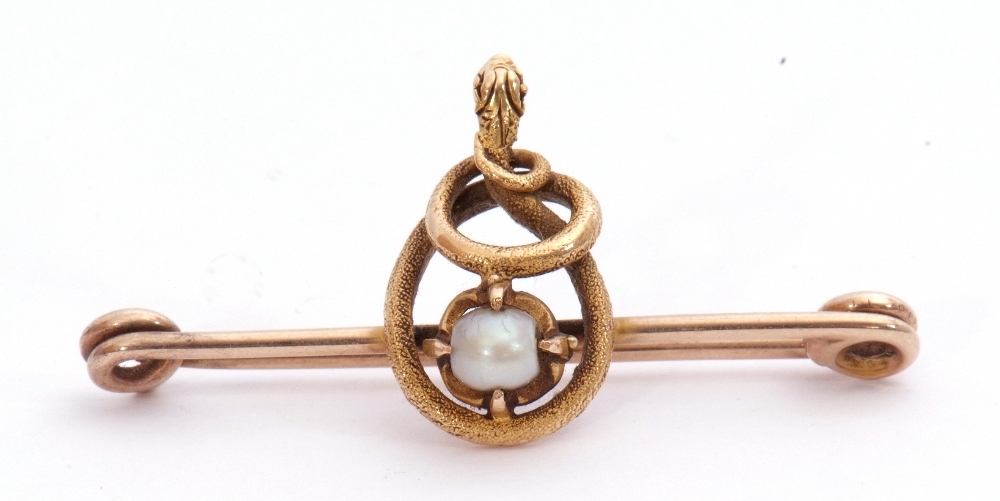 Antique yellow metal "snake" pin brooch, centring a baroque pearl entwined by a snake's body with - Image 5 of 5