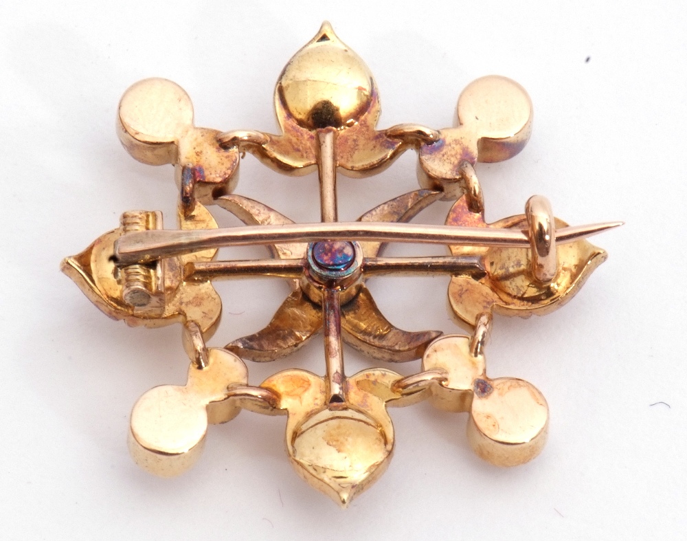 Victorian pearl and diamond brooch of square open work design centring an X-shape, set with - Image 3 of 3