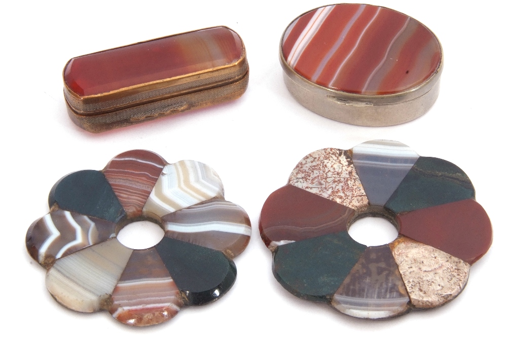 Mixed Lot: two agate and metal mounted boxes, together with two Scottish mixed agate specimen brooch