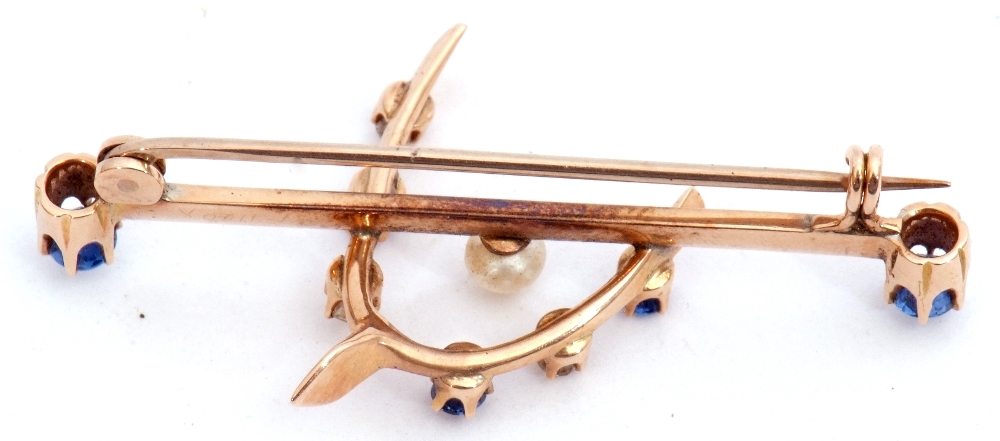 Early 20th century sapphire, diamond and pearl brooch, the knife edge bar centring a small - Image 3 of 4