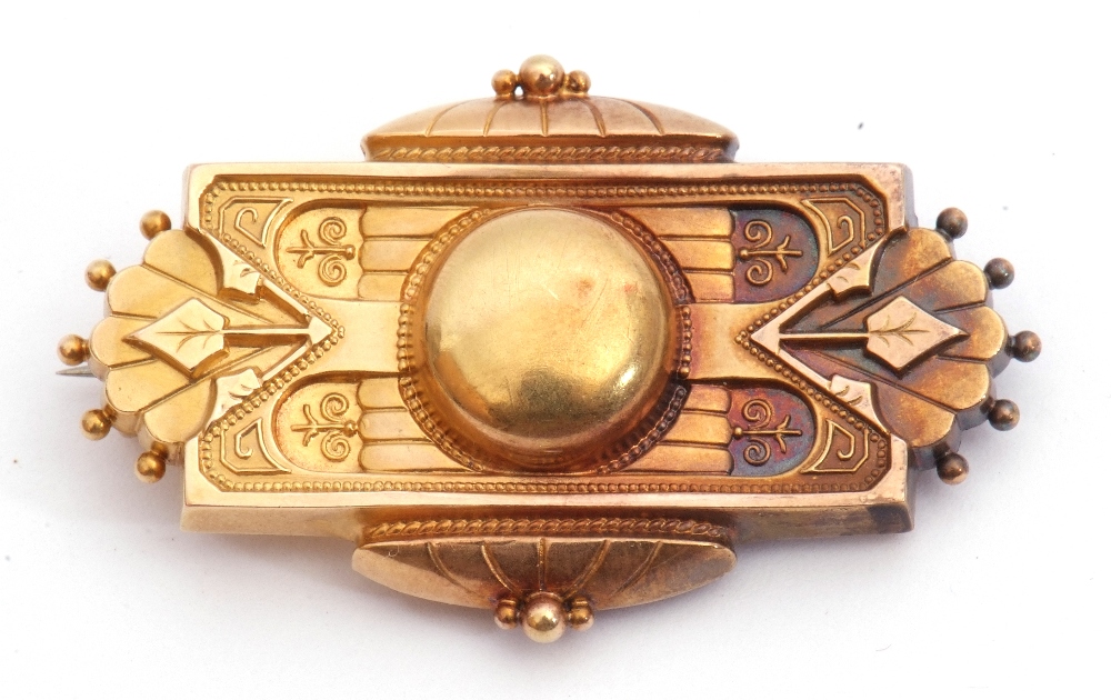 Victorian gold Etruscan style brooch of rectangular form and typically decorated with bead and - Image 2 of 3
