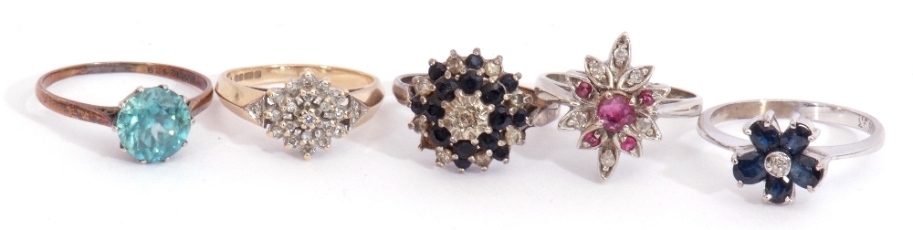 Mixed Lot: five stone set rings, two stamped 9ct to include diamond cluster, two sapphire and - Image 4 of 5