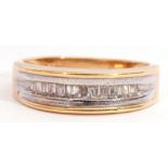 Modern 18ct gold and diamond ring, two-tone waisted band set with 13 pave small set baguette