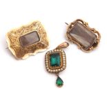 Mixed Lot: Victorian mourning brooch of rectangular form, engraved detail with glazed plaited hair