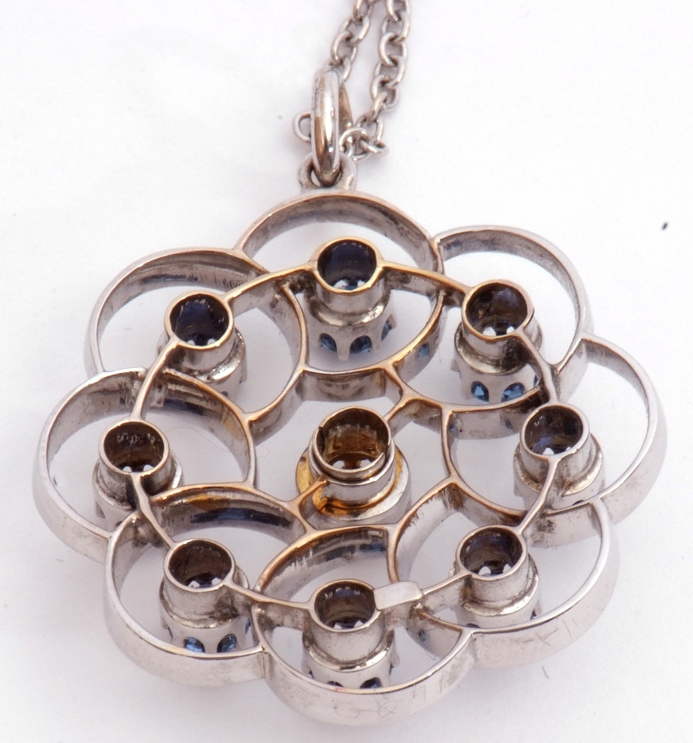 Precious metal, diamond and sapphire open work pendant on chain, centring an old European cut - Image 3 of 5