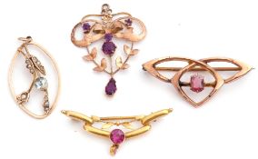 Mixed Lot: two 9ct stamped brooches, together with two 9c stamped pendants, all set with coloured