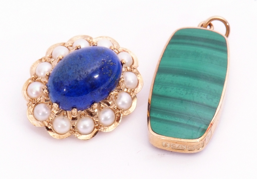 Mixed Lot: 9ct gold lapis lazuli and seed pearl brooch together with a double sided drop pendant, - Image 4 of 4