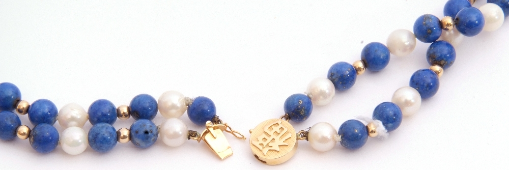 A 14K stamped lapis lazuli and pearl necklace/choker a double row with small lapis and cultured - Image 2 of 4