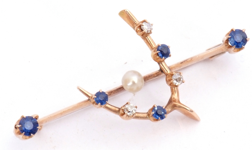 Early 20th century sapphire, diamond and pearl brooch, the knife edge bar centring a small - Image 4 of 4