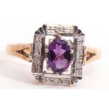 18ct gold, amethyst and diamond ring, the multi-claw set oval faceted amethyst, 8mm x 6mm, within