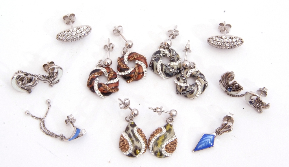 Mixed Lot: six pairs of 925 stamped earrings, paste set, together with two single blue enamel - Image 2 of 2