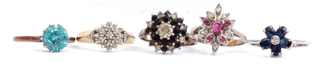 Mixed Lot: five stone set rings, two stamped 9ct to include diamond cluster, two sapphire and - Image 5 of 5