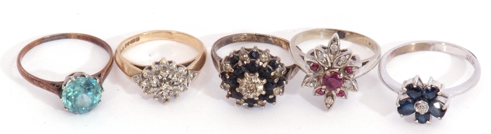 Mixed Lot: five stone set rings, two stamped 9ct to include diamond cluster, two sapphire and - Image 3 of 5