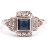 Art Deco sapphire and diamond ring, centring a square cut sapphire framed by a small diamond set