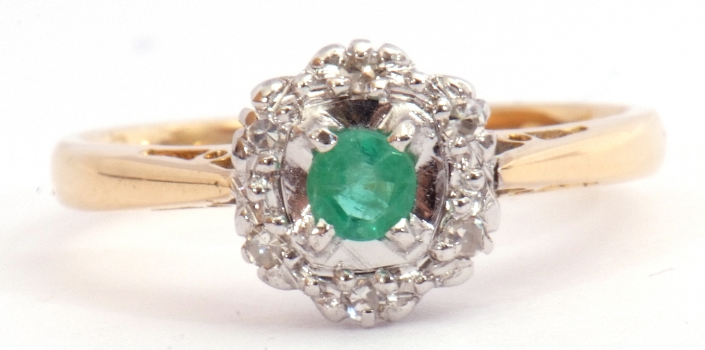 Modern 18ct gold emerald and diamond cluster ring, the round cut emerald four claw set and raised - Image 2 of 7