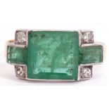 Vintage emerald and diamond set ring, the square emerald 8mm x 8mm between small rectangular cut