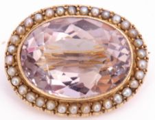 Antique pale amethyst and seed pearl brooch, the oval shaped faceted pale amethyst, 23 x 15mm,