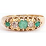 Antique emerald and diamond ring with three graduated round cut emeralds and two round old cut