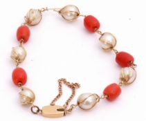 Antique pearl and coral set bracelet, alternate design of drum shaped coral beads and wire work