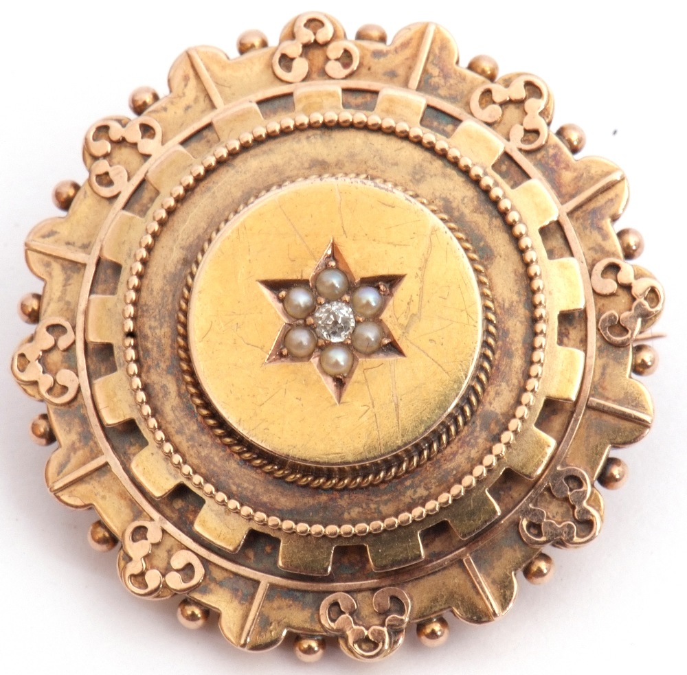 Victorian gold, diamond and seed pearl target brooch, circular shape centring a small old cut