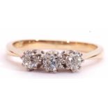 Three stone diamond ring featuring three old cut round diamonds, 0.45ct approx, individually claw