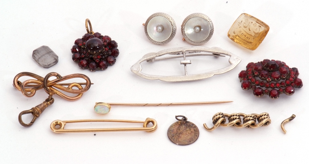 Mixed Lot: opal set stick pin, 15ct stamped pin brooch, Bohemian glass pendant and brooch, pair of - Image 2 of 2