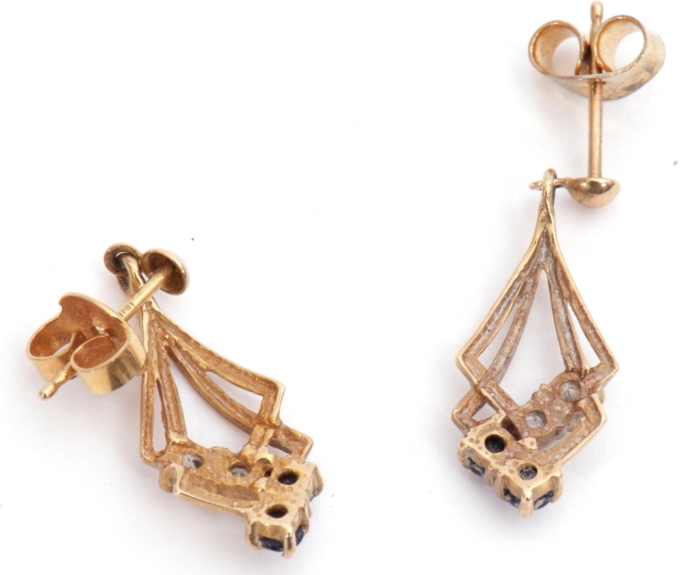 Pair of 9ct gold paste set drop earrings of open work design, decorated with two blue and two - Image 2 of 3