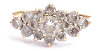 Modern 9ct gold paste set cluster ring, size N/O