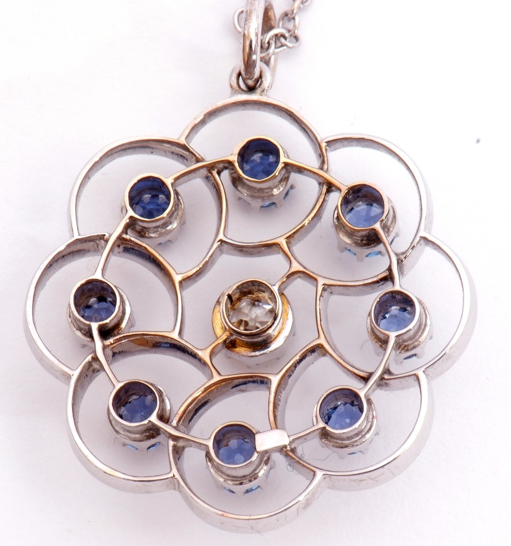 Precious metal, diamond and sapphire open work pendant on chain, centring an old European cut - Image 2 of 5