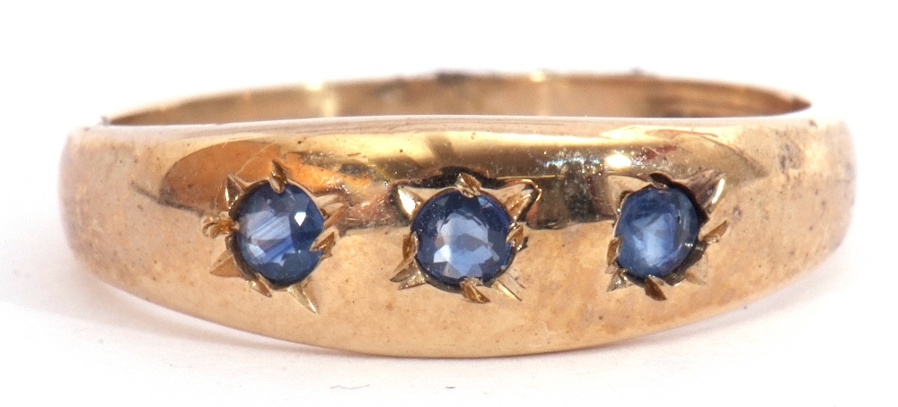 9ct gold sapphire three stone ring, the plain polished design featuring 3 round cut sapphires, - Image 2 of 7