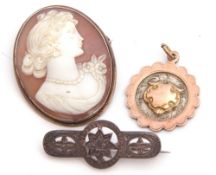 Mixed Lot: carved shell cameo brooch, oval shaped, depicting a classical lady in a white metal