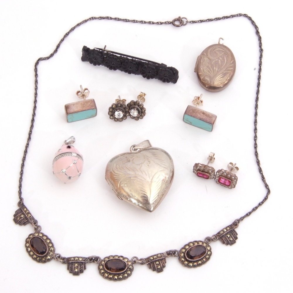 Mixed Lot: vintage sterling and marcasite necklace, a 925 stamped heart locket, an enamelled egg - Image 2 of 2