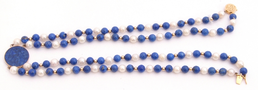 A 14K stamped lapis lazuli and pearl necklace/choker a double row with small lapis and cultured - Image 4 of 4