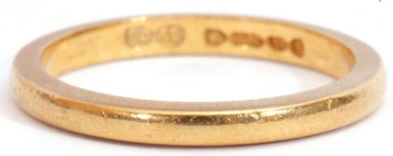 22ct gold wedding ring of plain polished design, Birmingham 1956, size K, 2.8gms