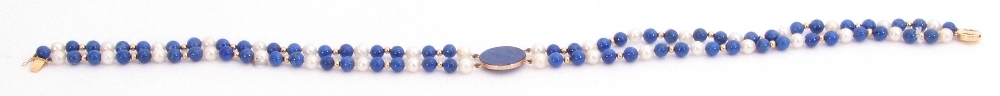 A 14K stamped lapis lazuli and pearl necklace/choker a double row with small lapis and cultured - Image 3 of 4