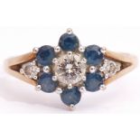 Sapphire and diamond cluster ring, the central brilliant cut diamond 0.25ct approx, surrounded by