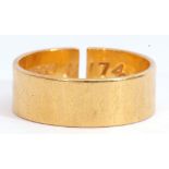 22ct gold wide band wedding ring, Birmingham 1967, 6.2gms (shank cut)