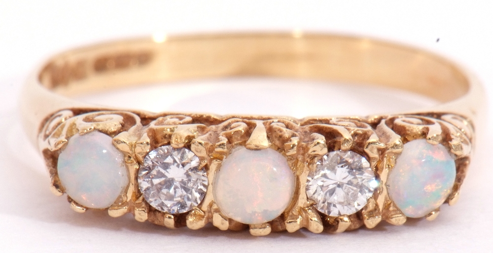 18ct gold opal and diamond five stone ring, alternate set with three round cabochon opals and two - Image 2 of 8