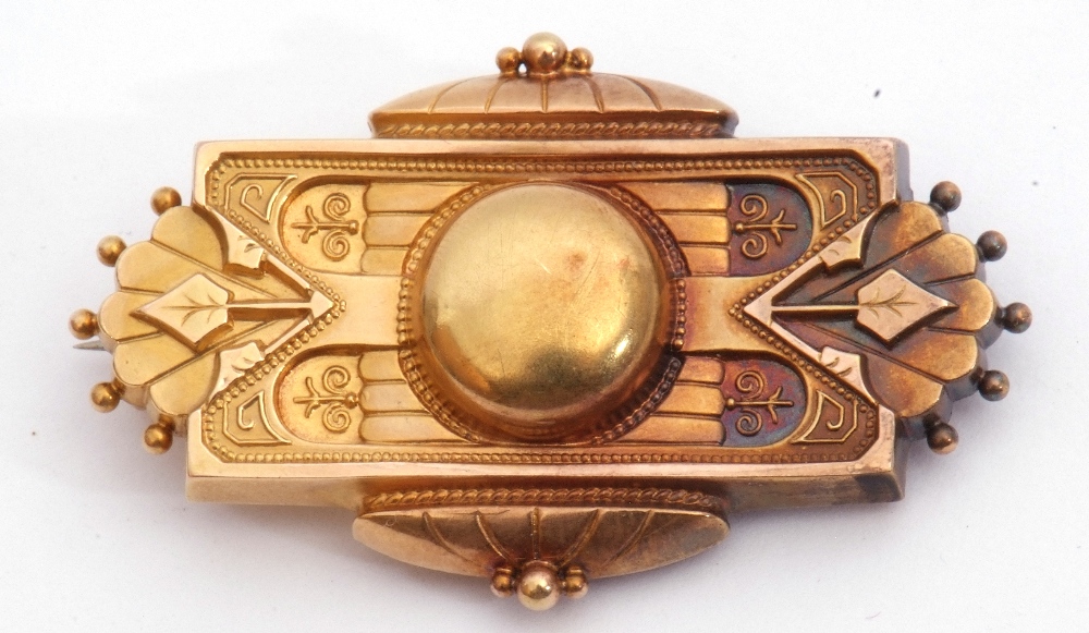 Victorian gold Etruscan style brooch of rectangular form and typically decorated with bead and