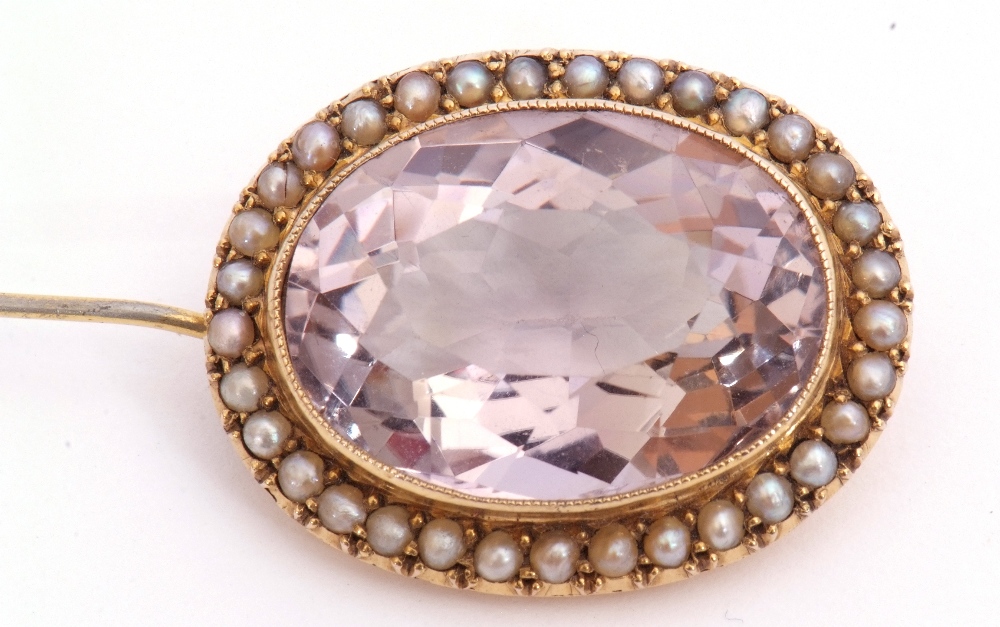 Antique pale amethyst and seed pearl brooch, the oval shaped faceted pale amethyst, 23 x 15mm, - Image 2 of 3