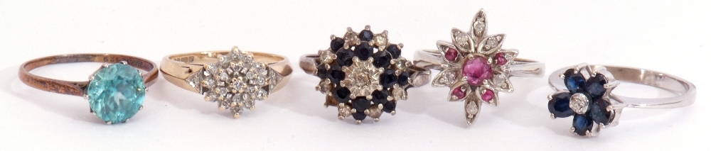 Mixed Lot: five stone set rings, two stamped 9ct to include diamond cluster, two sapphire and - Image 2 of 5