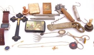 Box of various to include a gent's digital watch, a small balance scale, a soapstone carved arm,