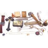 Box of various to include a gent's digital watch, a small balance scale, a soapstone carved arm,