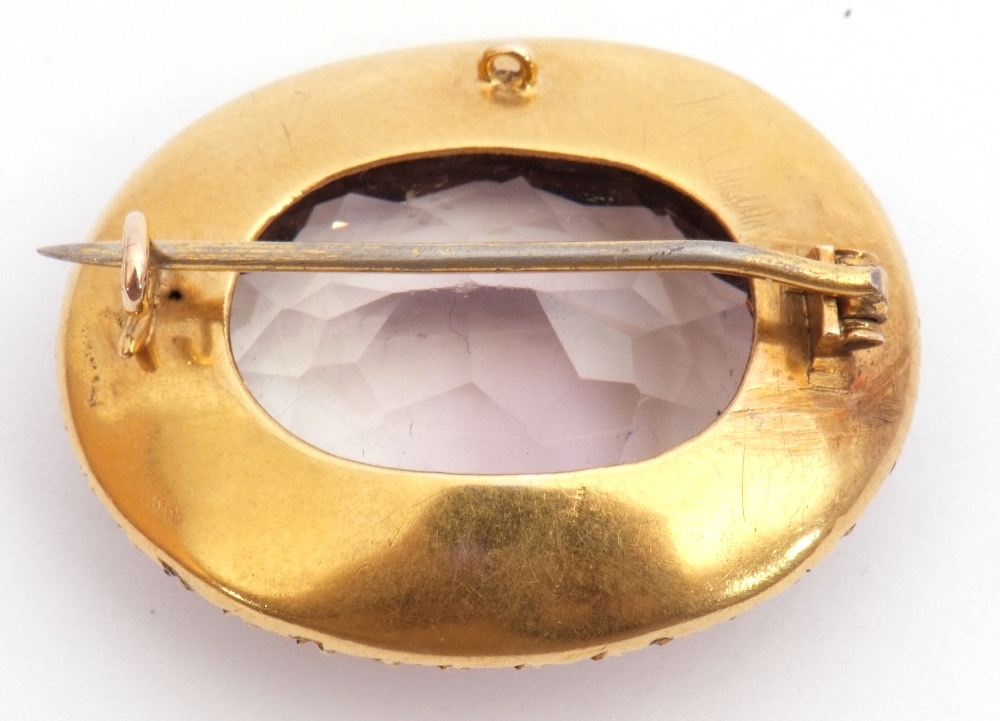 Antique pale amethyst and seed pearl brooch, the oval shaped faceted pale amethyst, 23 x 15mm, - Image 3 of 3