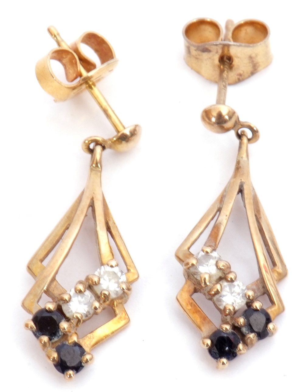 Pair of 9ct gold paste set drop earrings of open work design, decorated with two blue and two - Image 3 of 3