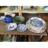 CERAMIC ITEMS INCLUDING SERVING DISH AND BLUE AND WHITE DISH AND SOME DOULTON NORFOLK PATTERN